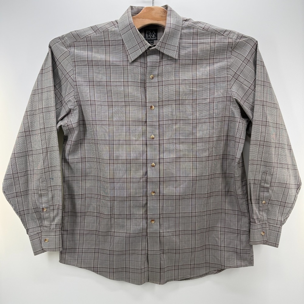 Jos. A. Bank Button-Up Shirt Men L Tailored Fit Cotton Gray Plaid Long Sleeve